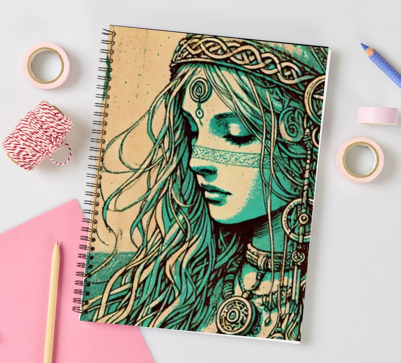 Celtic Pagan Woman - Vintage Posterdruck spiral notebook by posterprints-by-nomad