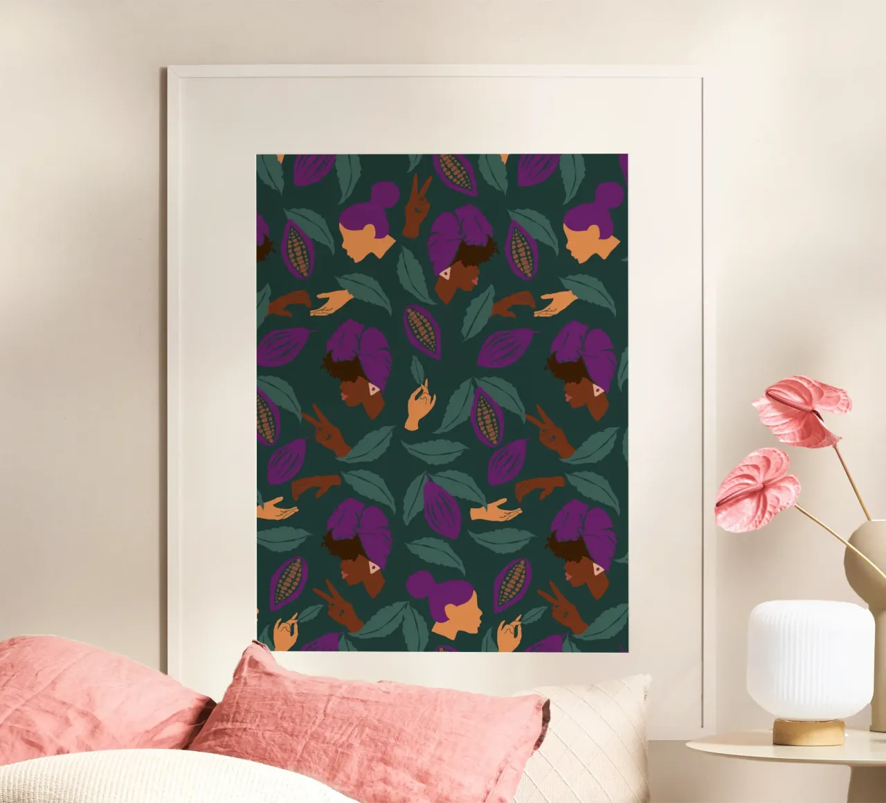 Coffee Friends Pattern poster con telaio in alluminio da Illustration Raissa Oltmanns