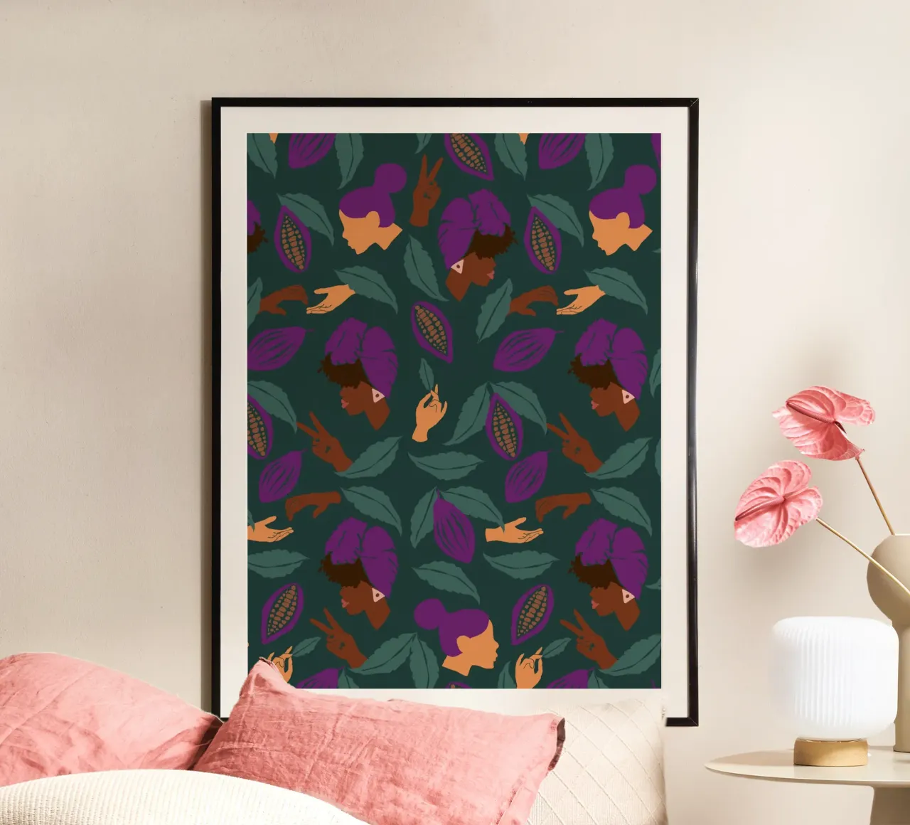 Coffee Friends Pattern poster con telaio in alluminio da Illustration Raissa Oltmanns
