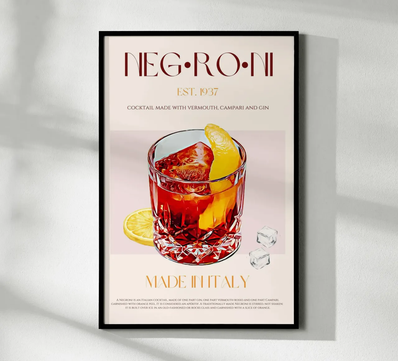 Negroni Cocktail Print poster con telaio in legno da KOKRPrints