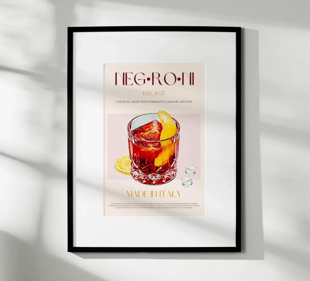 Negroni Cocktail Print poster con telaio in legno da KOKRPrints