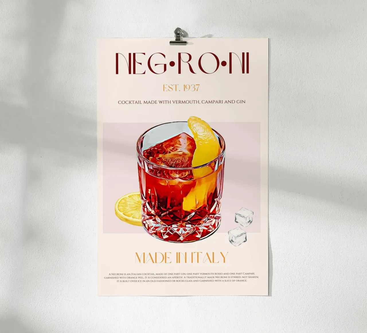 Negroni Cocktail Print poster con telaio in legno da KOKRPrints