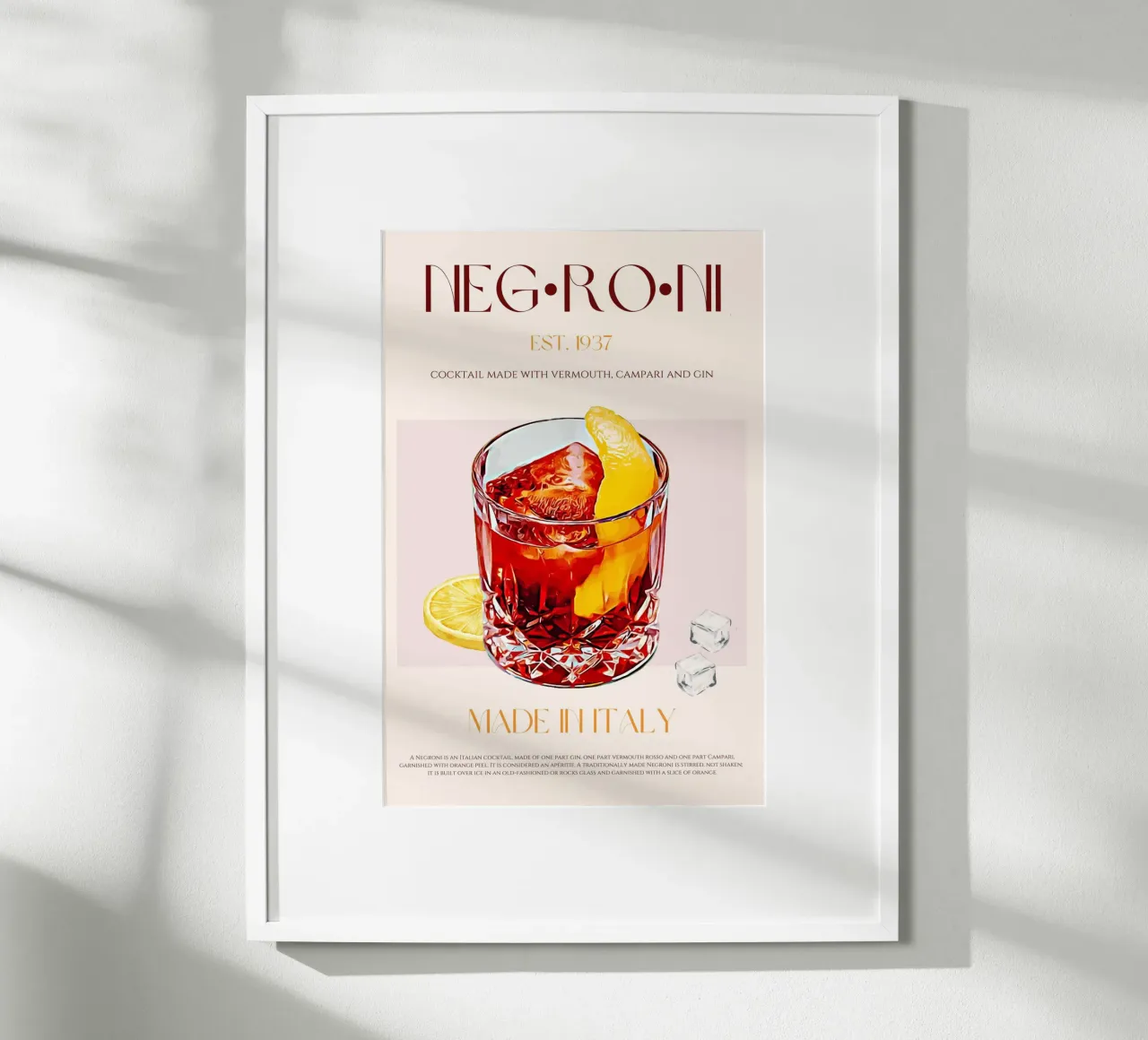 Negroni Cocktail Print poster con telaio in legno da KOKRPrints