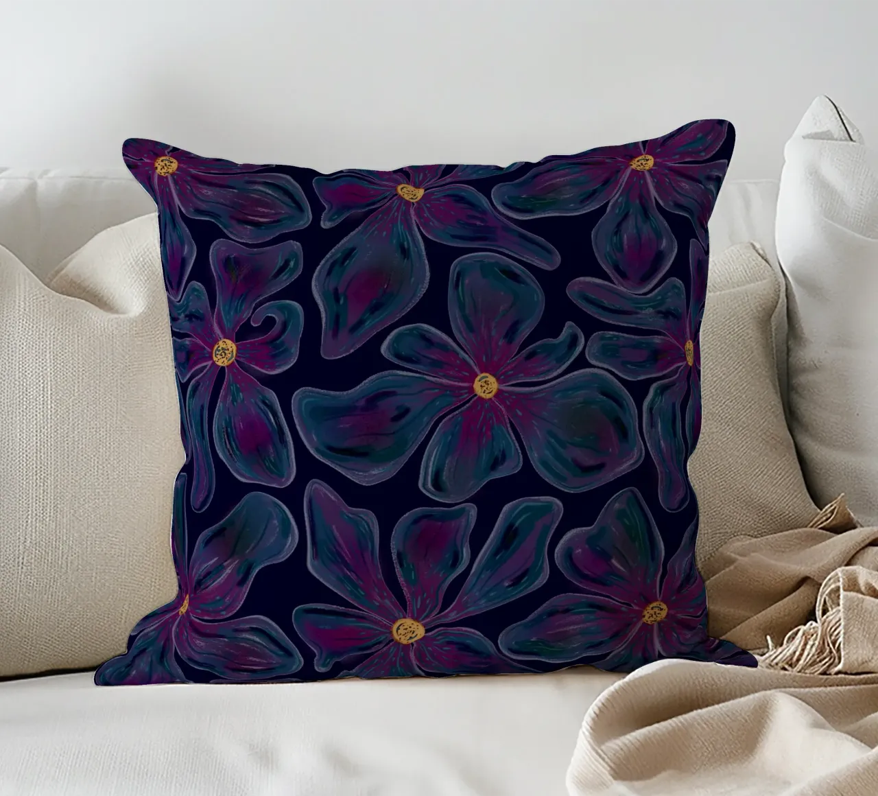 Dark floating Blossom Pattern decorative cushion by Illustration Raissa Oltmanns