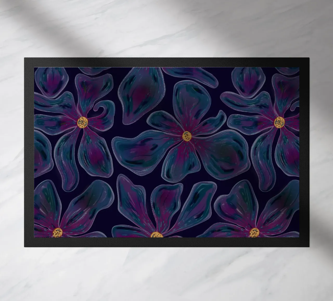 Dark floating Blossom Pattern doormat by Illustration Raissa Oltmanns