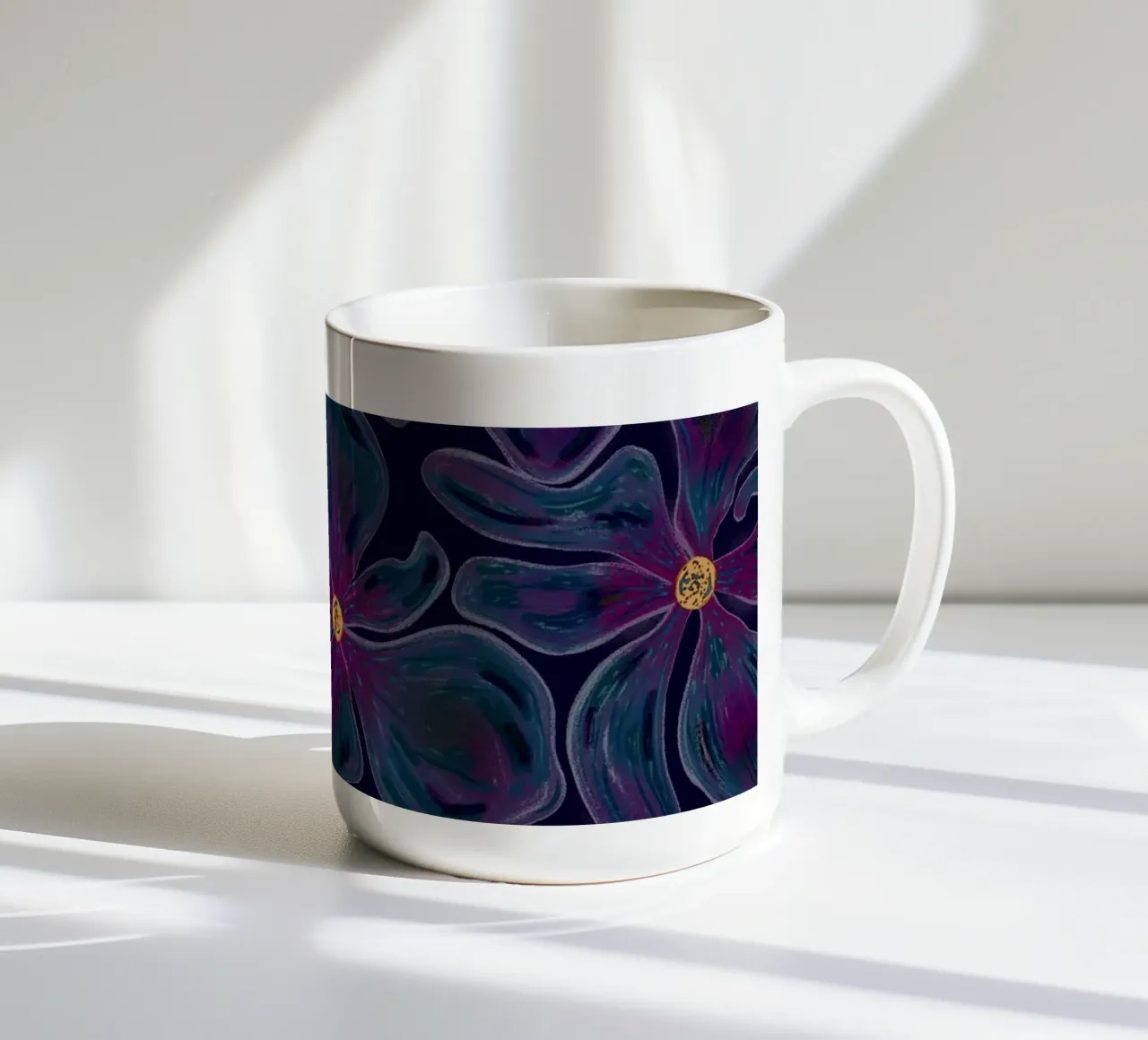 Dark floating Blossom Pattern ceramic mug by Illustration Raissa Oltmanns