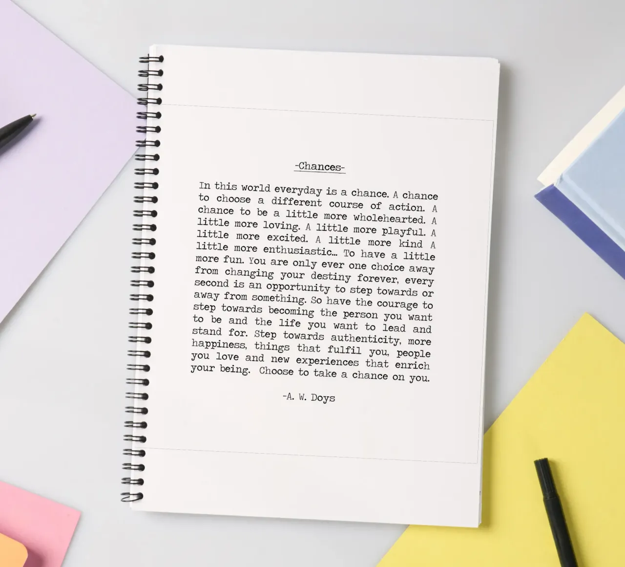Take Chances, take risks - Quote by A. W. Doys Typography spiral notebook by Summer Soul Co. - Quotes