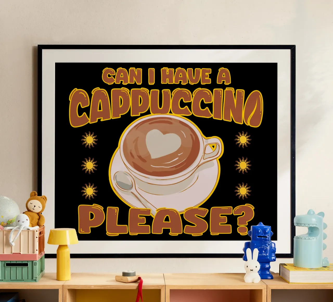 Cappuccino Koffie Liefhebber Schattig Café Retro Ontwerp poster met kunststof frame van sillyindustries