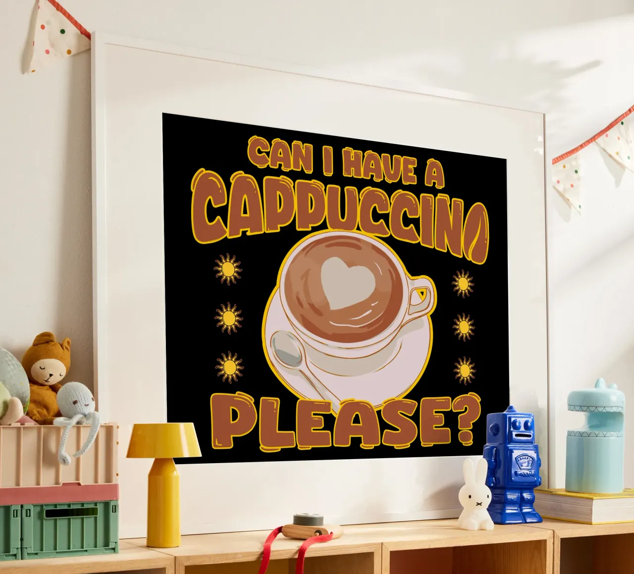 Cappuccino Koffie Liefhebber Schattig Café Retro Ontwerp poster met kunststof frame van sillyindustries