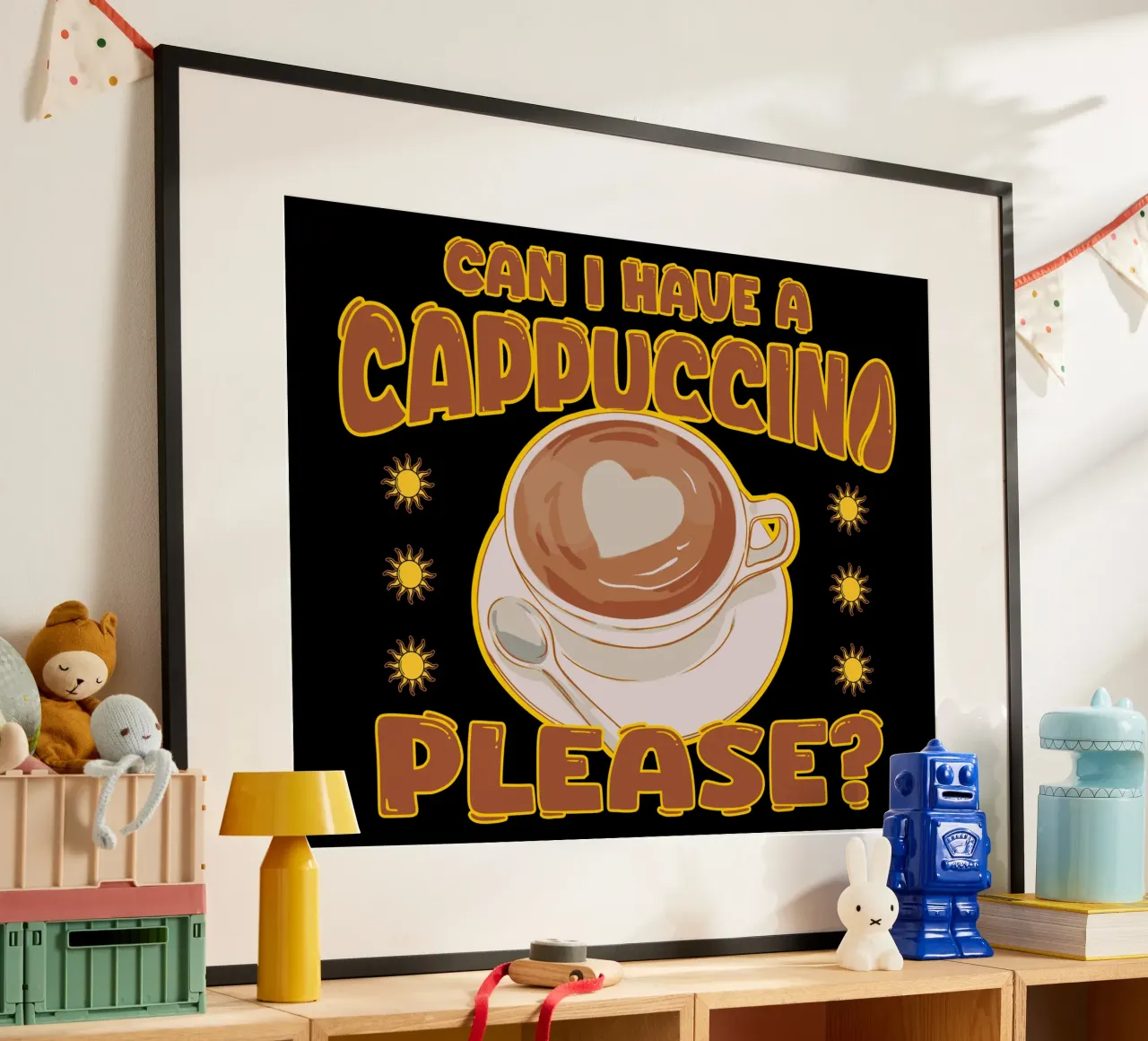 Cappuccino Koffie Liefhebber Schattig Café Retro Ontwerp poster met kunststof frame van sillyindustries