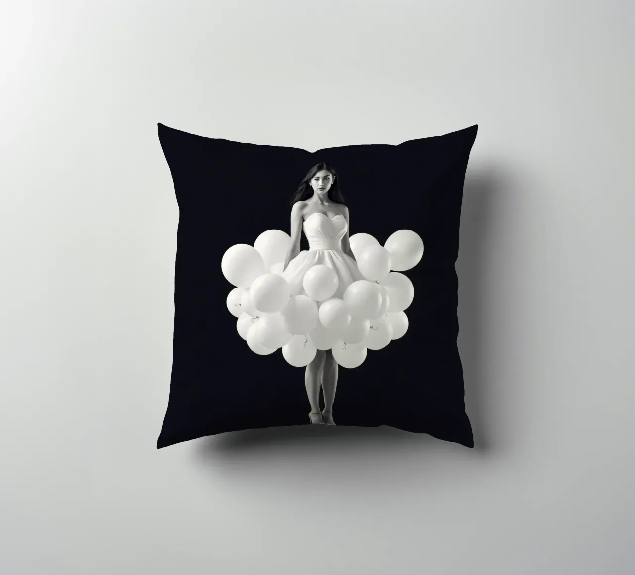 Una donna con un estroso vestito bianco fatto di palloncini cuscino da DesignDoodle