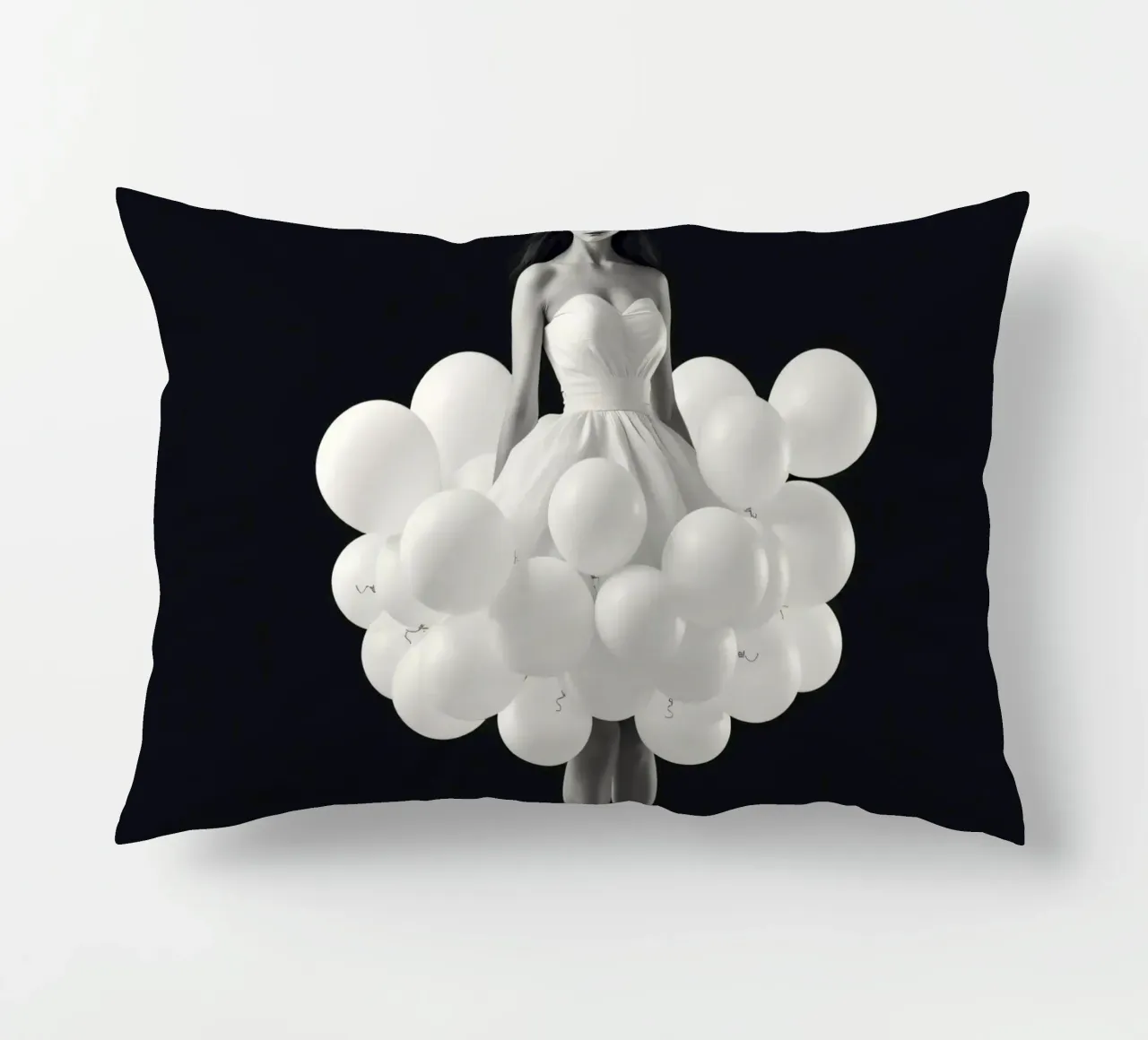 Una donna con un estroso vestito bianco fatto di palloncini cuscino da DesignDoodle