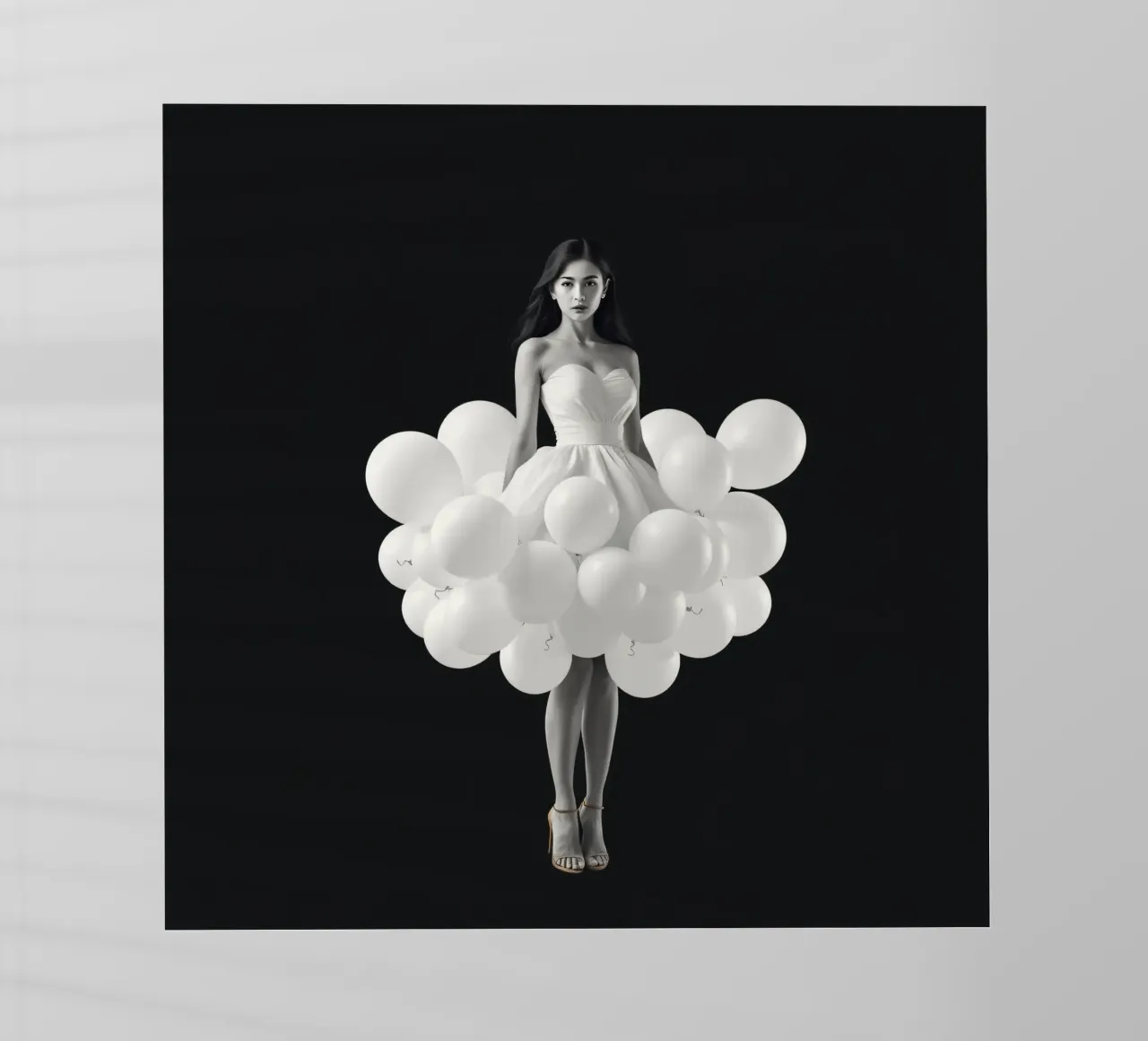 Una donna con un estroso vestito bianco fatto di palloncini pellicola backlit da DesignDoodle