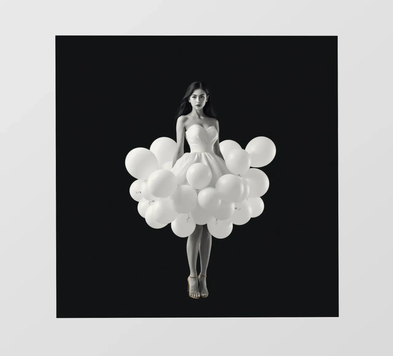 Una donna con un estroso vestito bianco fatto di palloncini pellicola backlit da DesignDoodle