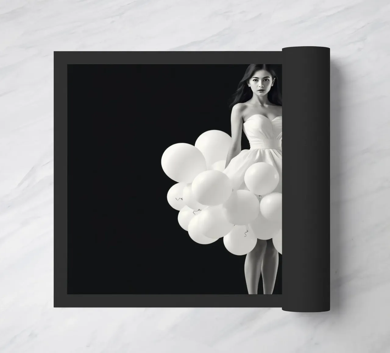 Una donna con un estroso vestito bianco fatto di palloncini zerbino da DesignDoodle