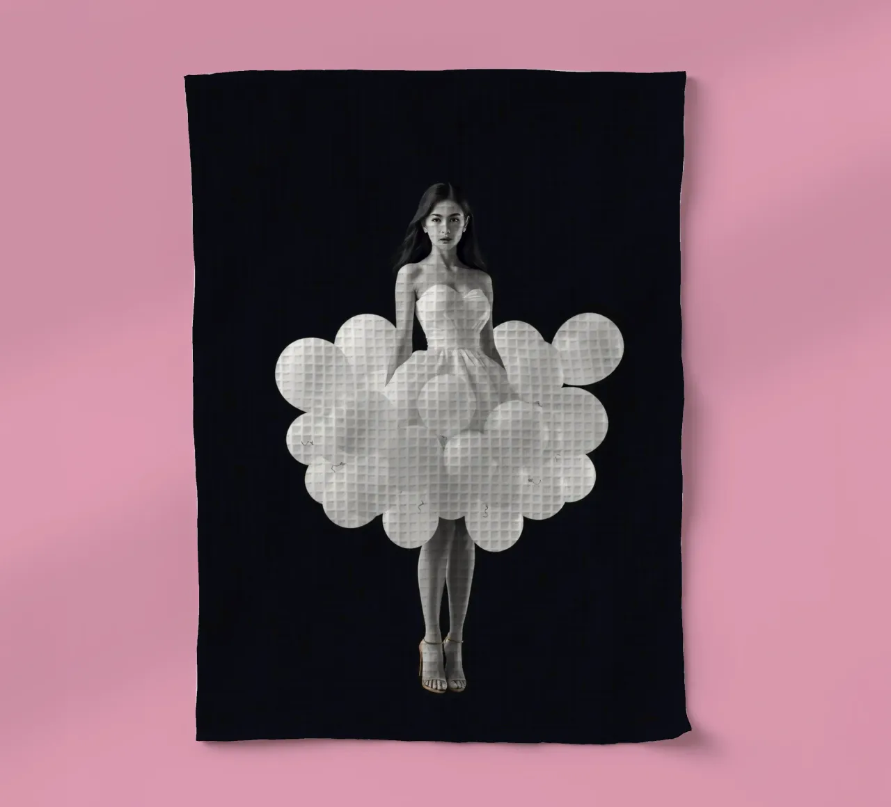 Una donna con un estroso vestito bianco fatto di palloncini canovaccio da cucina da DesignDoodle