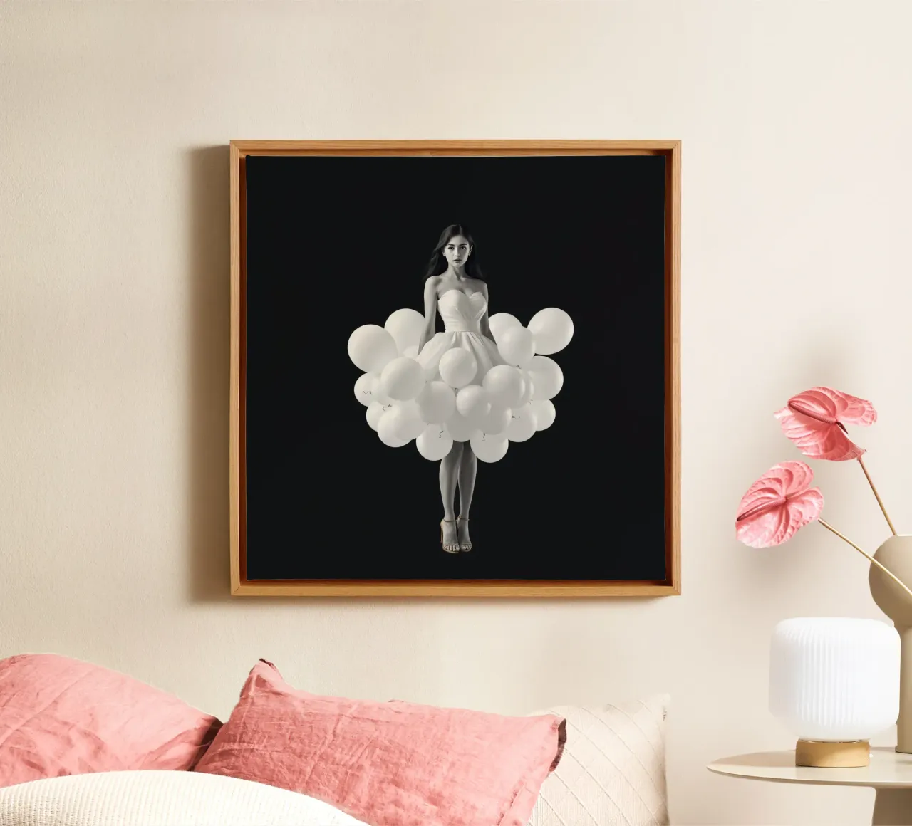 Una donna con un estroso vestito bianco fatto di palloncini tela con Cornice a cassetta da DesignDoodle