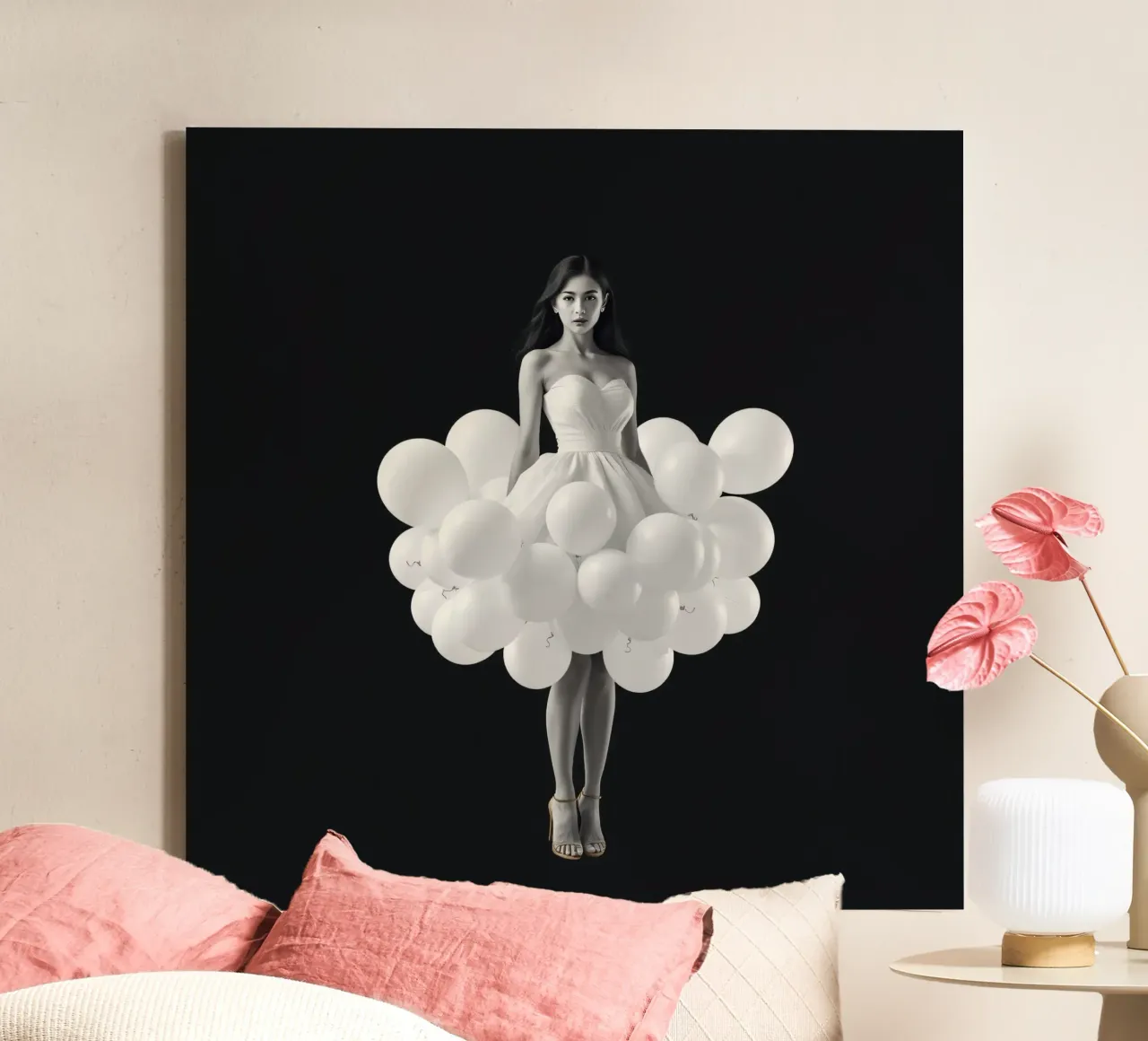 Una donna con un estroso vestito bianco fatto di palloncini tela con Cornice a cassetta da DesignDoodle