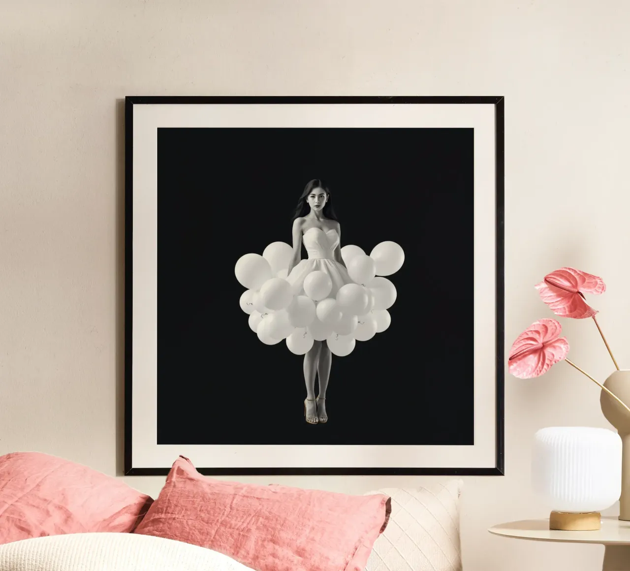 Una donna con un estroso vestito bianco fatto di palloncini carta hahnemühle da DesignDoodle