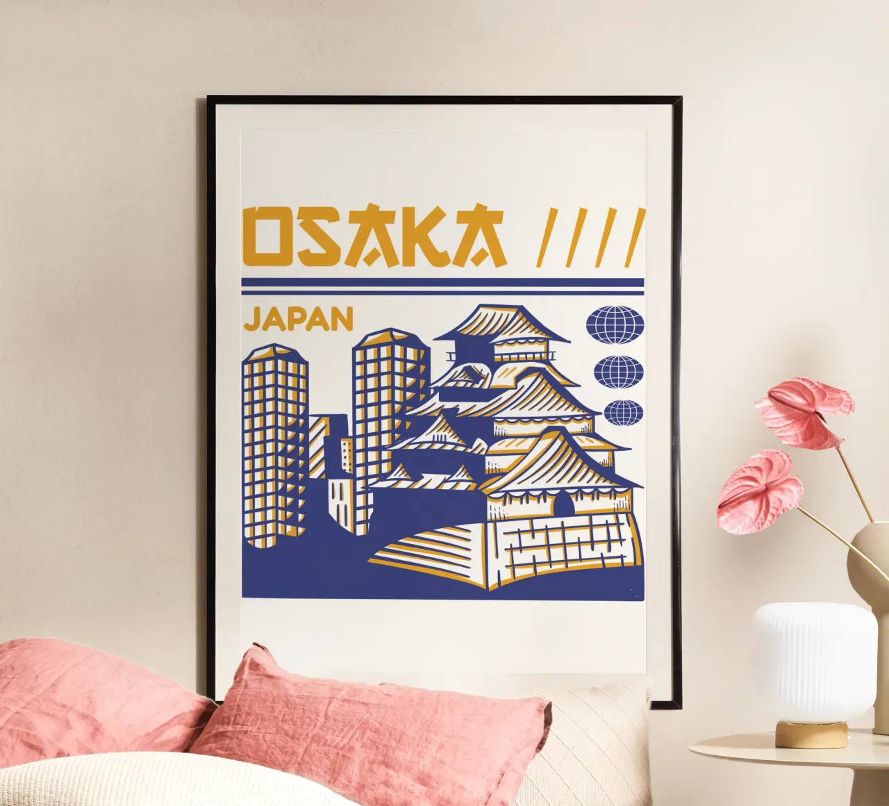 Osaka-Giappone design classico poster con telaio in legno da rivariahill