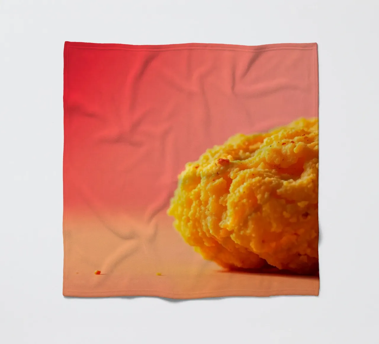 Poulet frit sphérique jaune vif reposant sur une surface plaid polaire de DesignDoodle