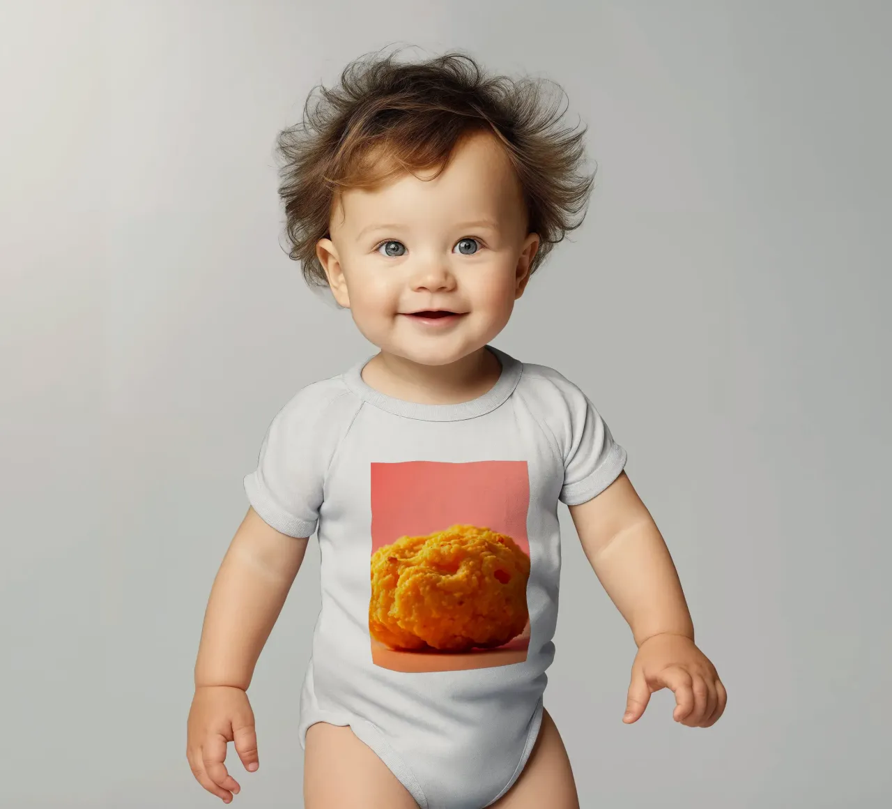 Hellgelbes kugelförmiges Brathähnchen, das auf einer Fläche ruht Kurzarm Babybody von DesignDoodle