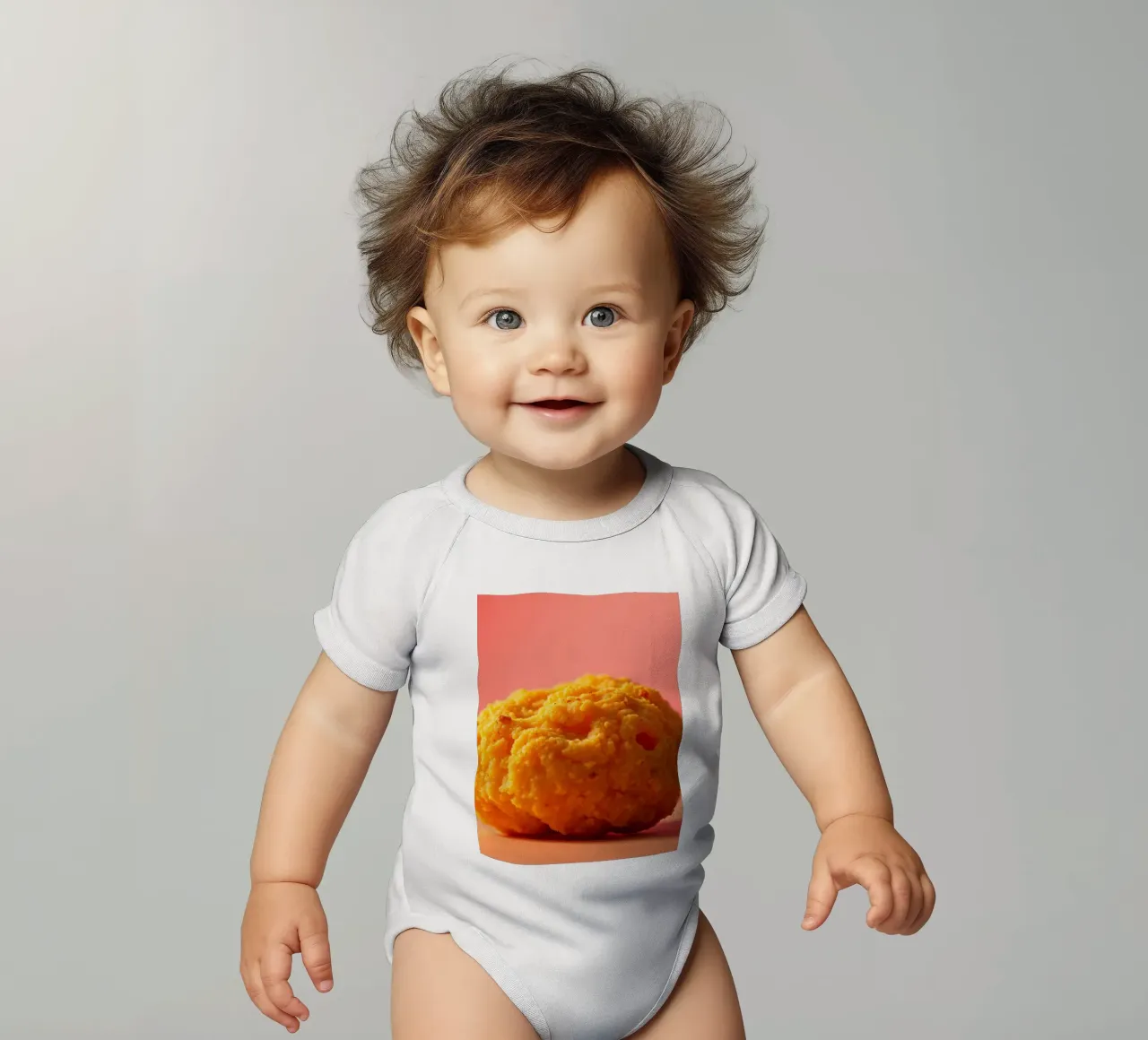 Poulet frit sphérique jaune vif reposant sur une surface body bébé de DesignDoodle
