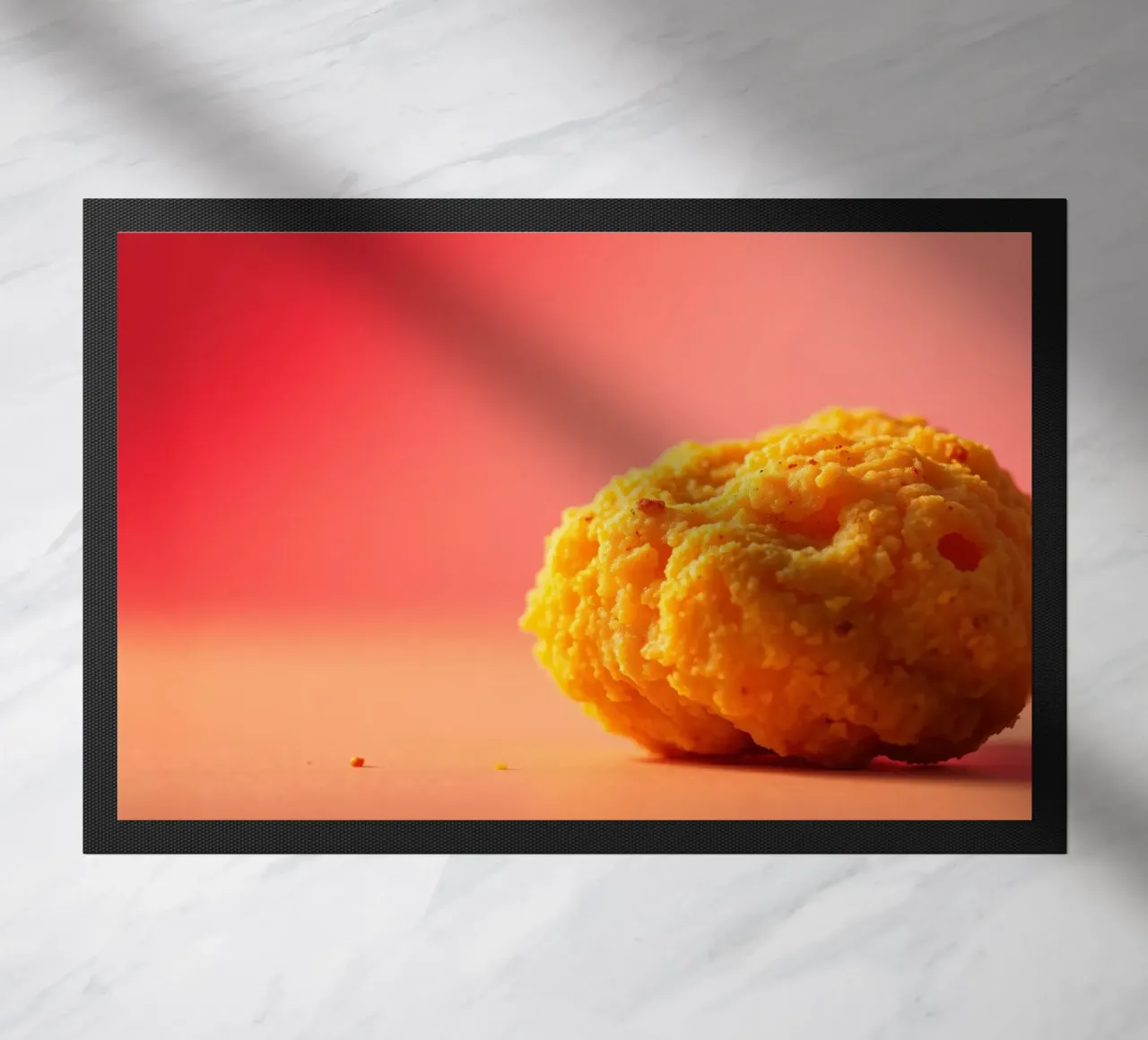 Poulet frit sphérique jaune vif reposant sur une surface paillasson de DesignDoodle