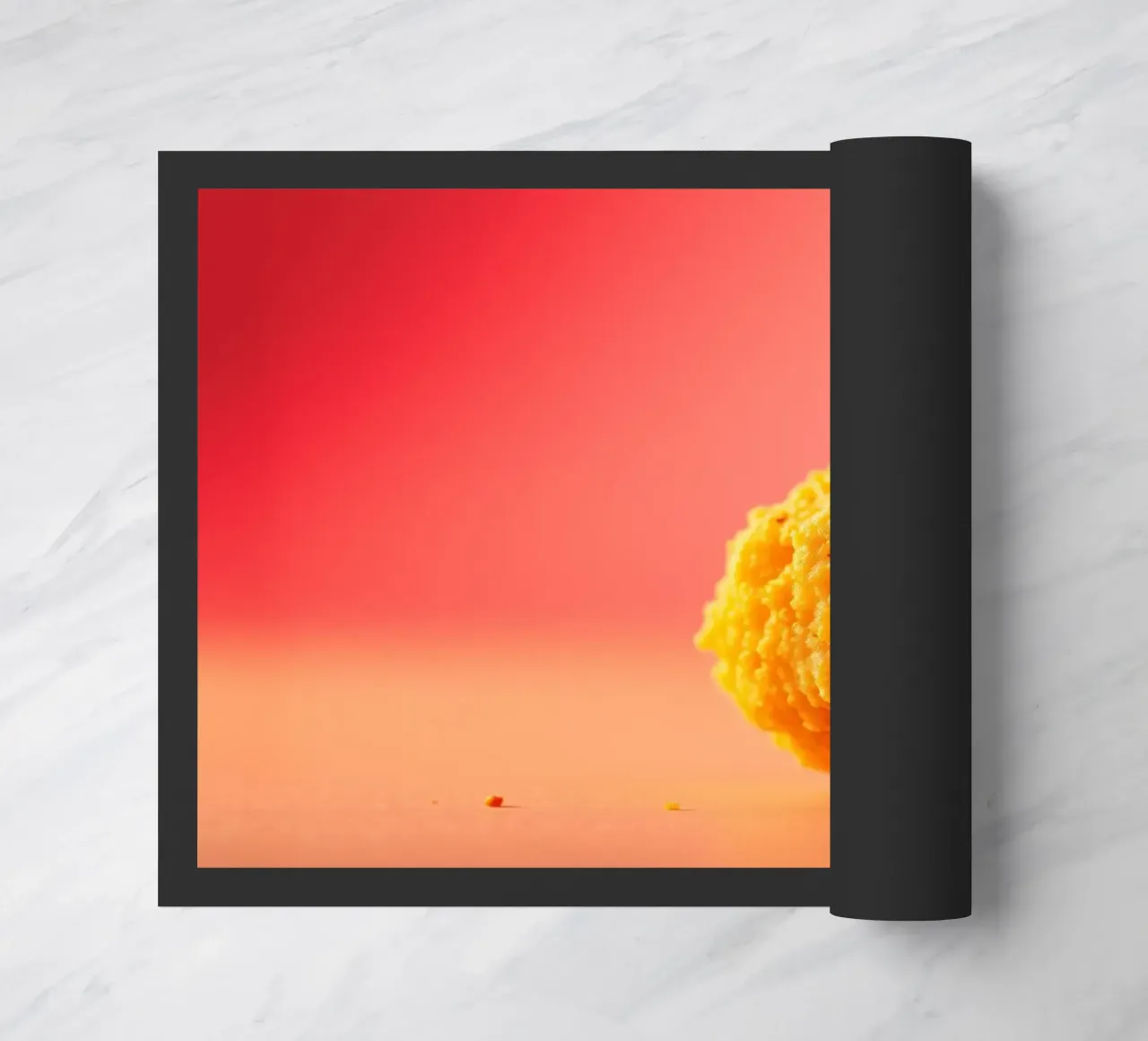 Poulet frit sphérique jaune vif reposant sur une surface paillasson de DesignDoodle