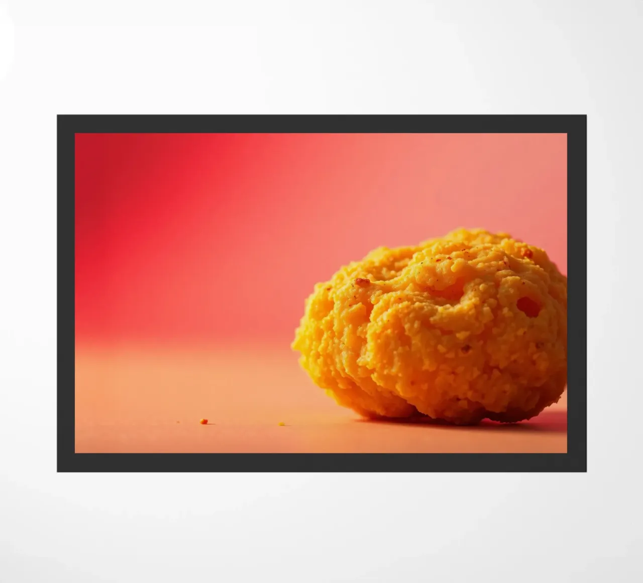 Poulet frit sphérique jaune vif reposant sur une surface paillasson de DesignDoodle