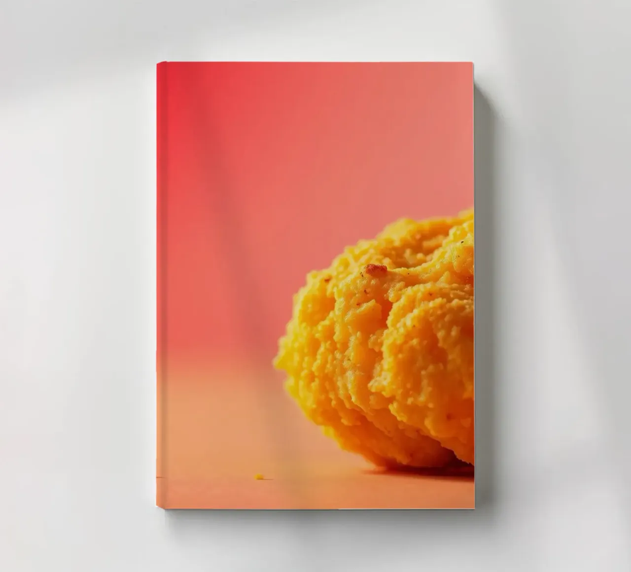 Poulet frit sphérique jaune vif reposant sur une surface carnet de notes de DesignDoodle