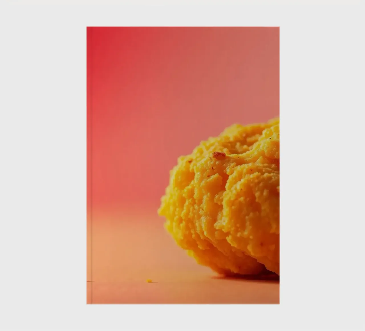 Poulet frit sphérique jaune vif reposant sur une surface carnet de notes de DesignDoodle