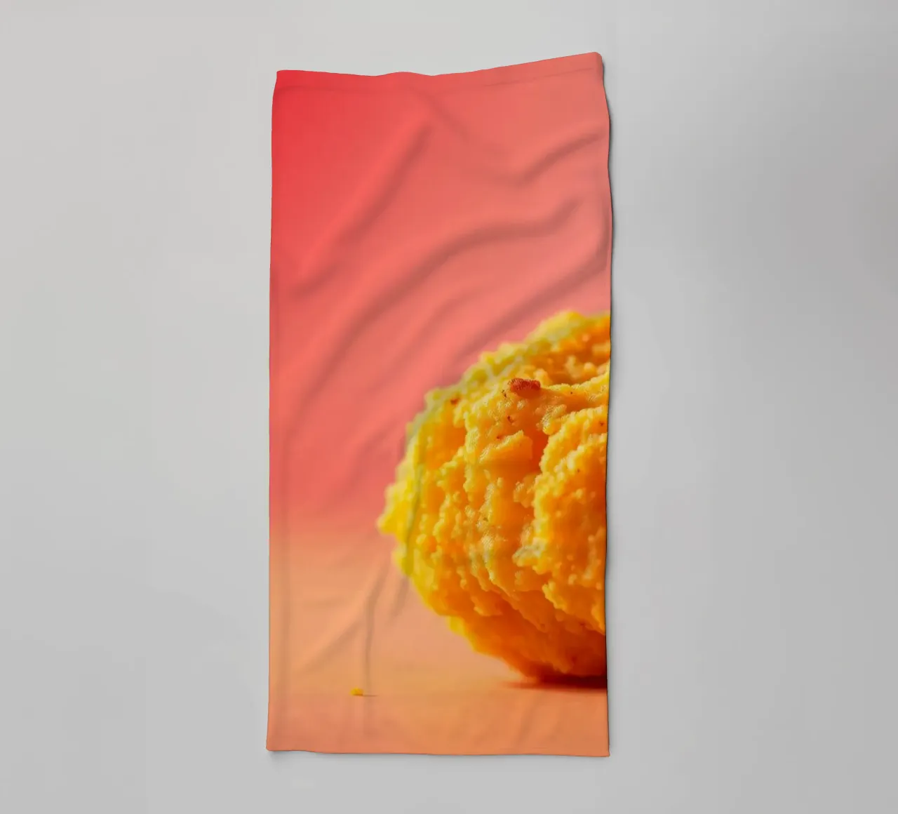 Poulet frit sphérique jaune vif reposant sur une surface serviette de bain de DesignDoodle
