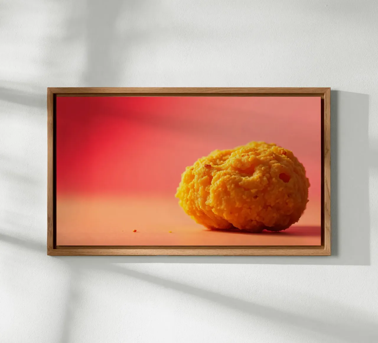 Poulet frit sphérique jaune vif reposant sur une surface alu dibond de DesignDoodle