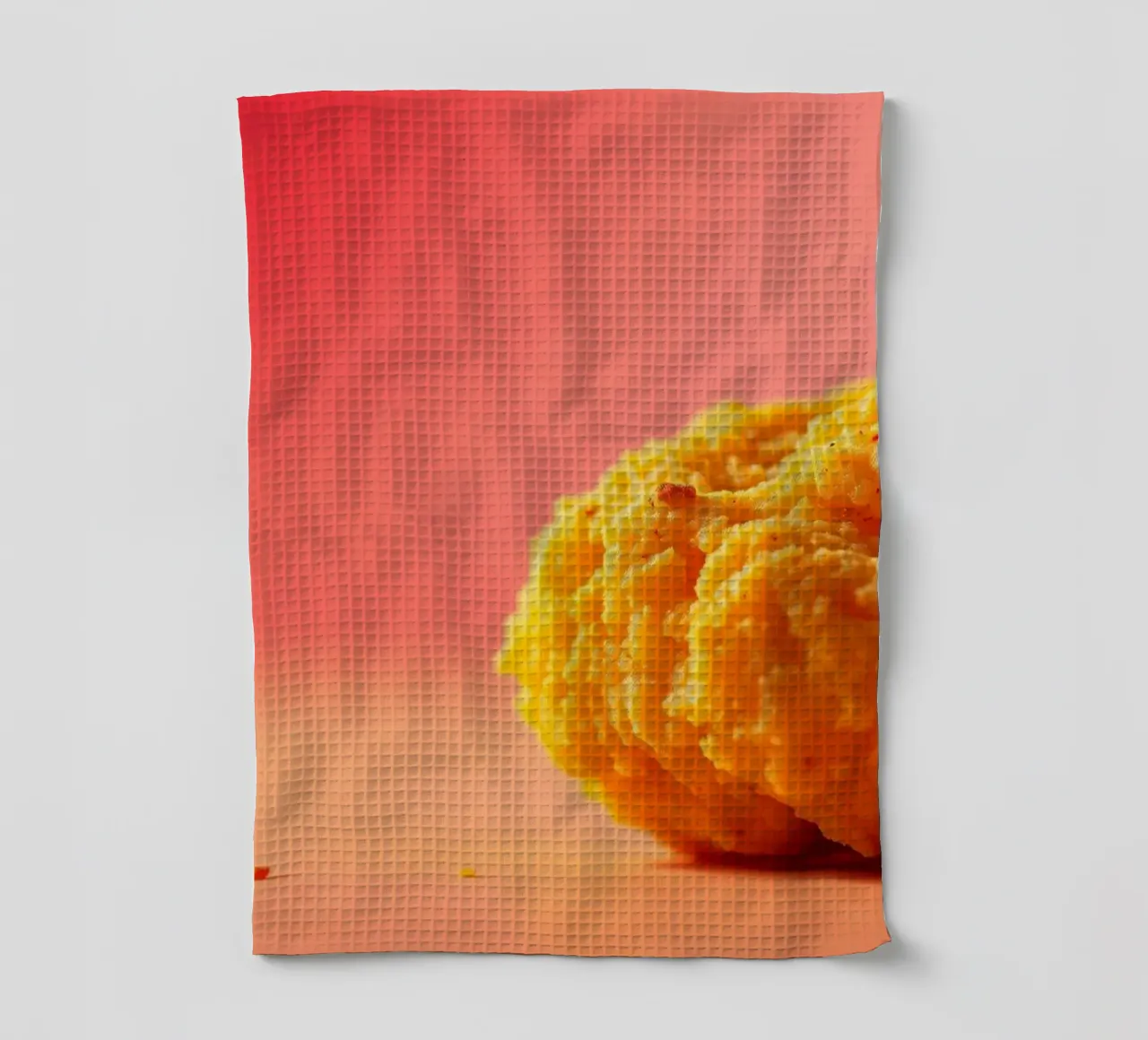 Poulet frit sphérique jaune vif reposant sur une surface torchon de DesignDoodle