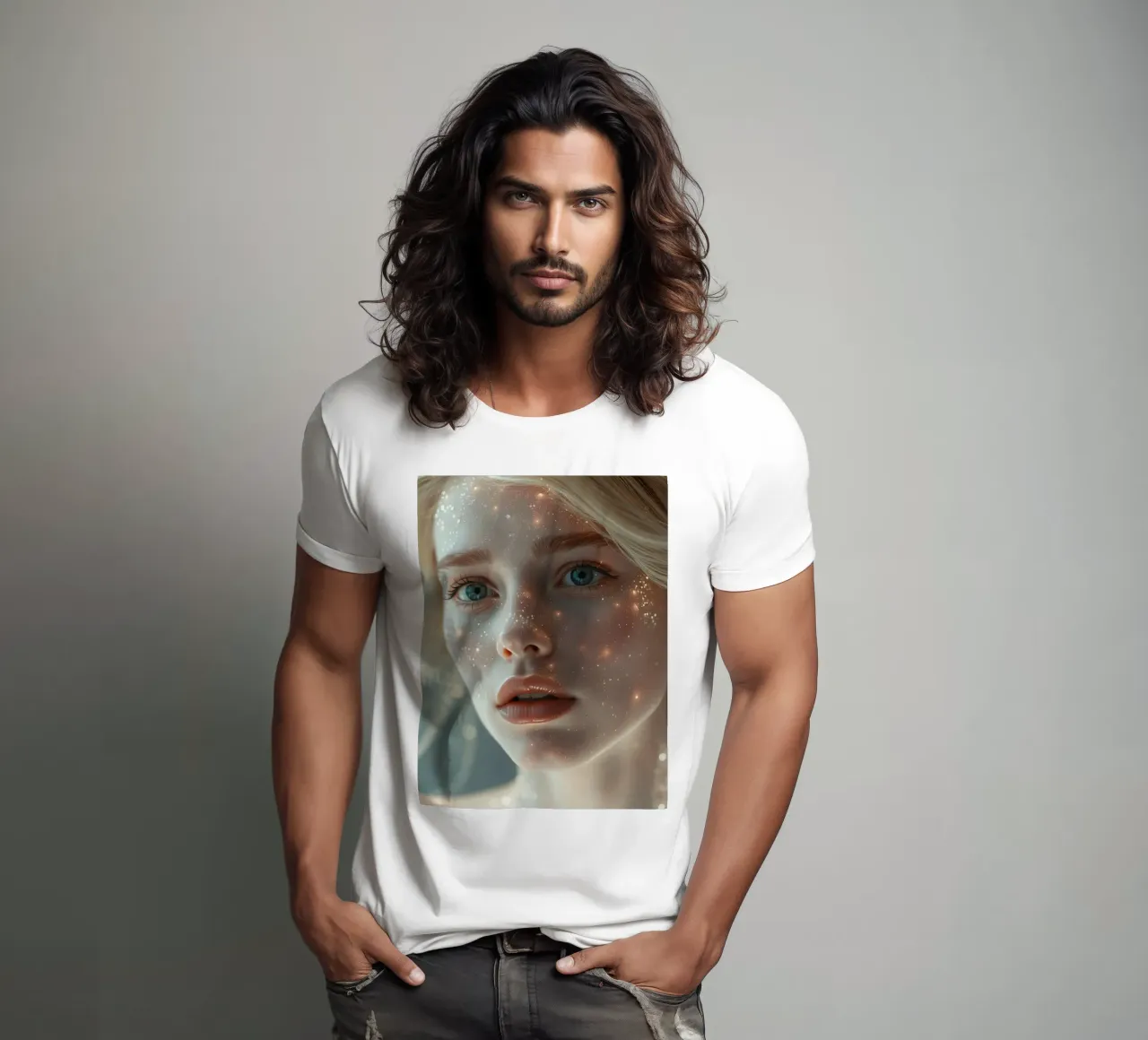 Ritratto di una giovane donna con particelle incandescenti t-shirt da DesignDoodle