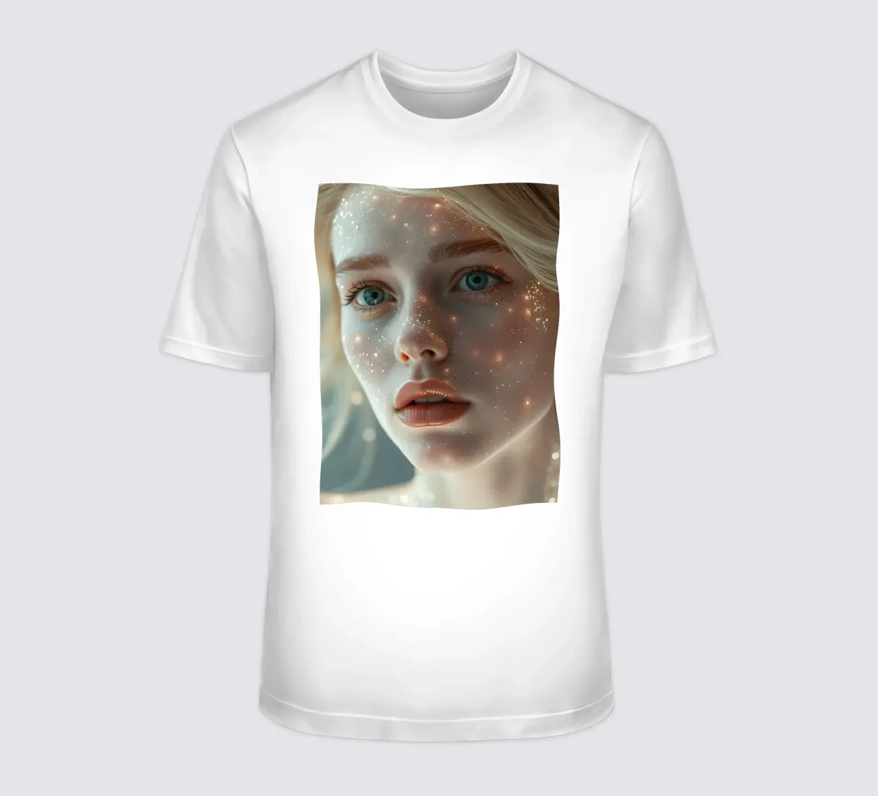 Ritratto di una giovane donna con particelle incandescenti t-shirt da DesignDoodle