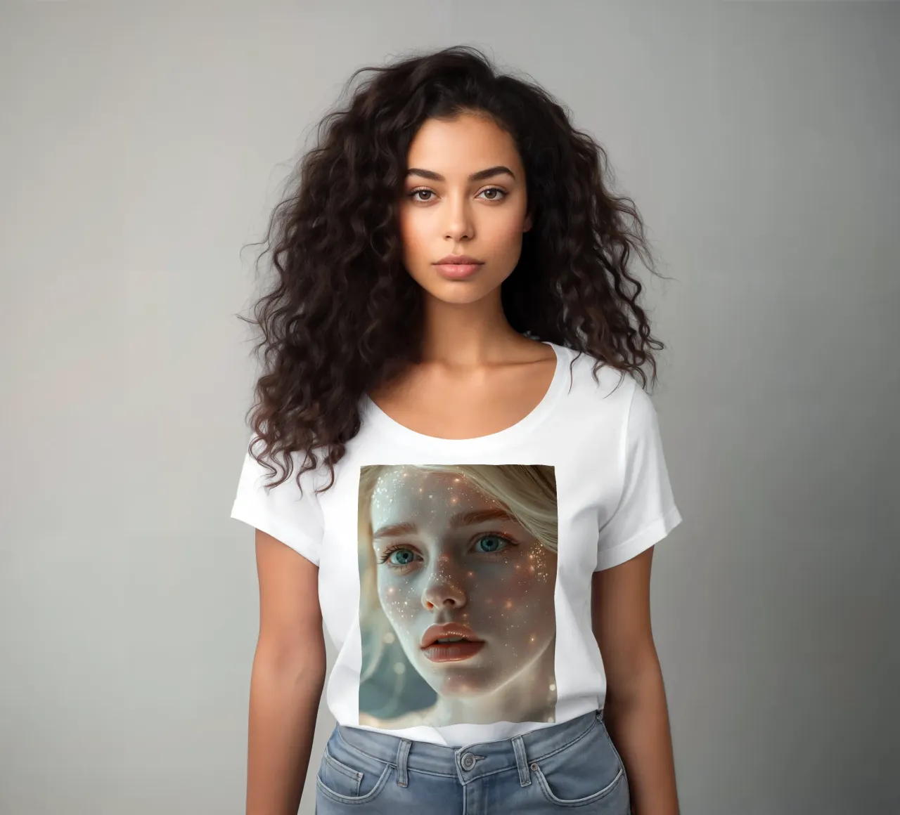 Retrato de una joven con partículas incandescentes camiseta de mujer de DesignDoodle