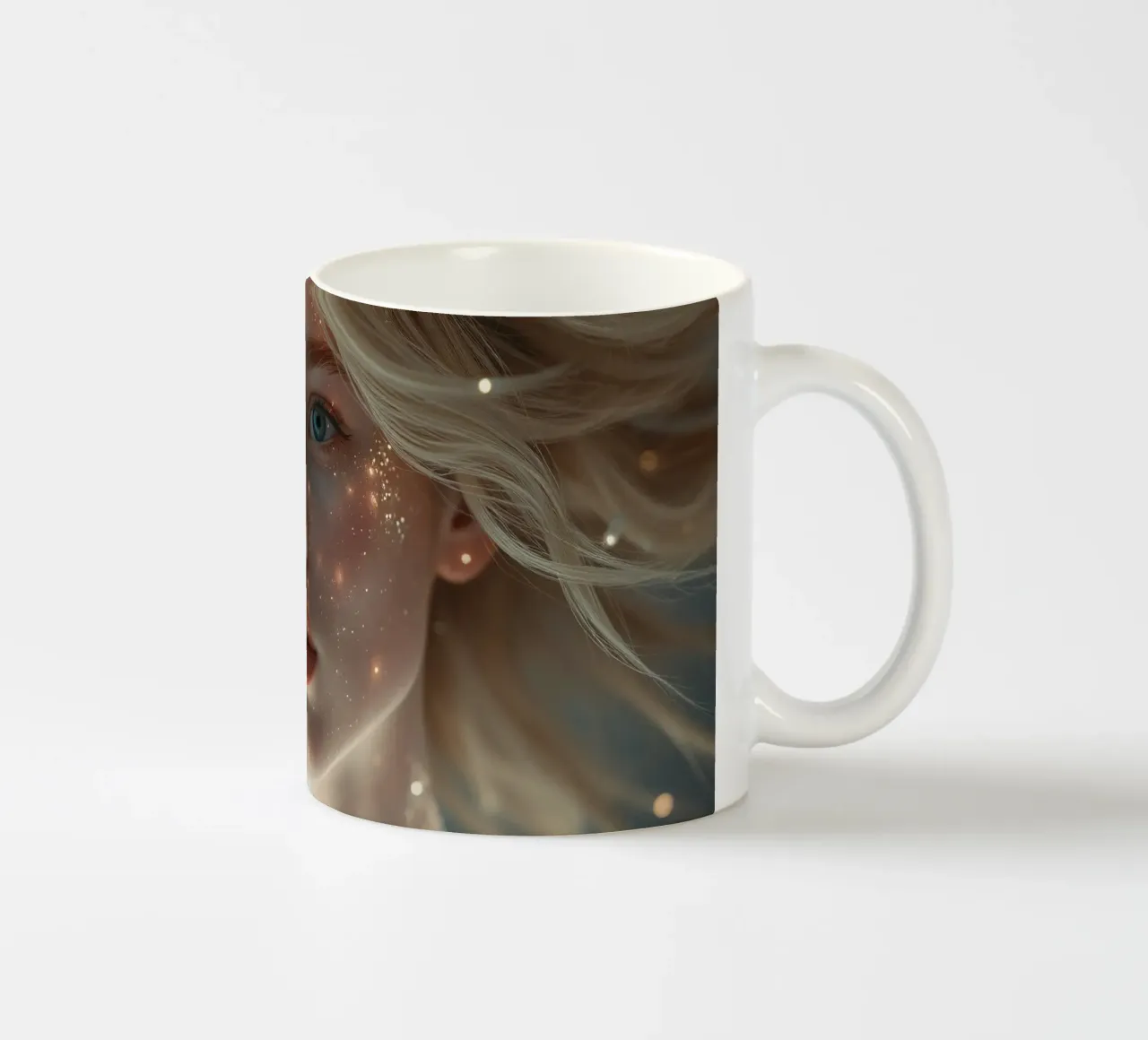 Ritratto di una giovane donna con particelle incandescenti tazza in ceramica da DesignDoodle
