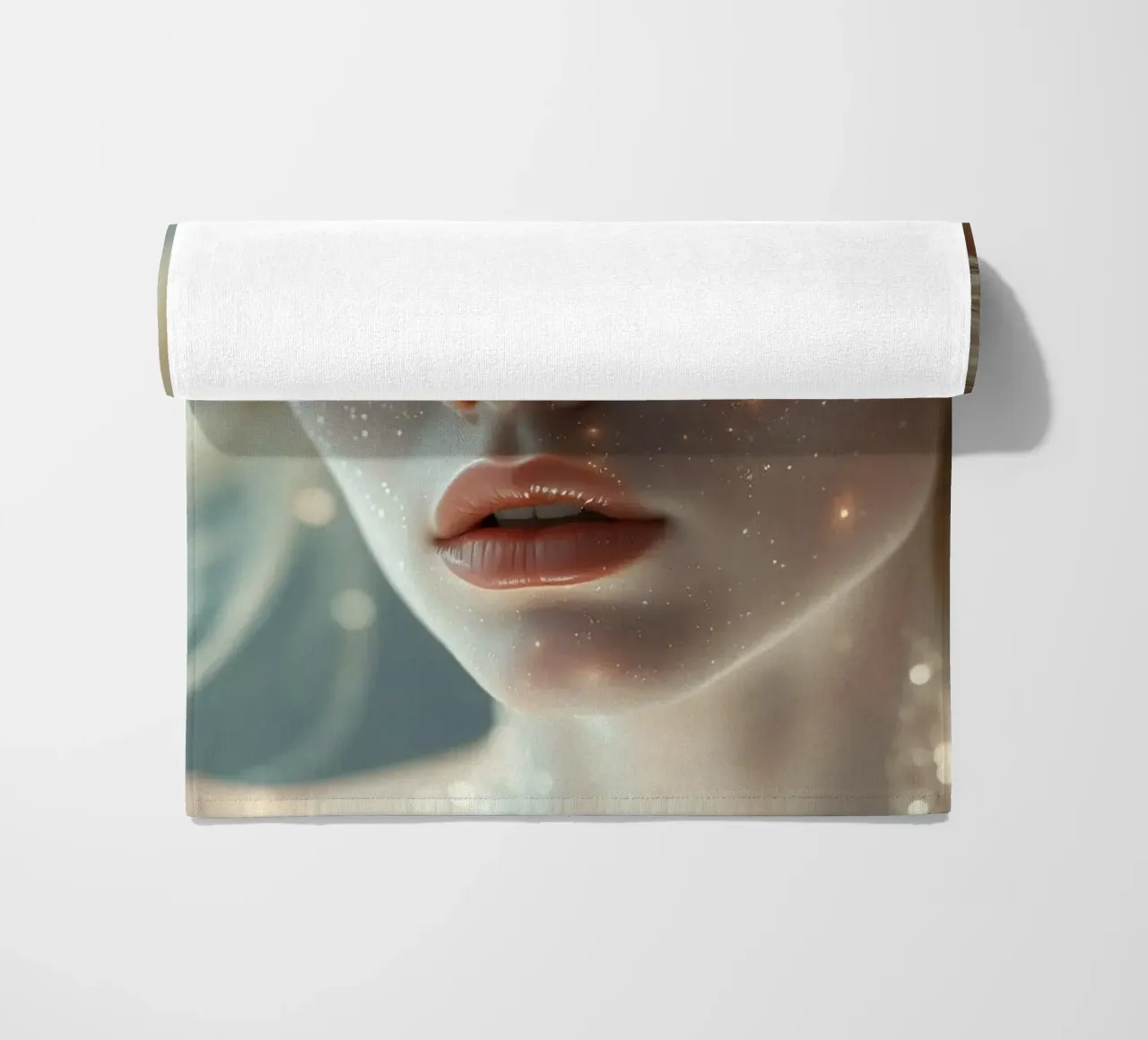 Ritratto di una giovane donna con particelle incandescenti telo mare da DesignDoodle