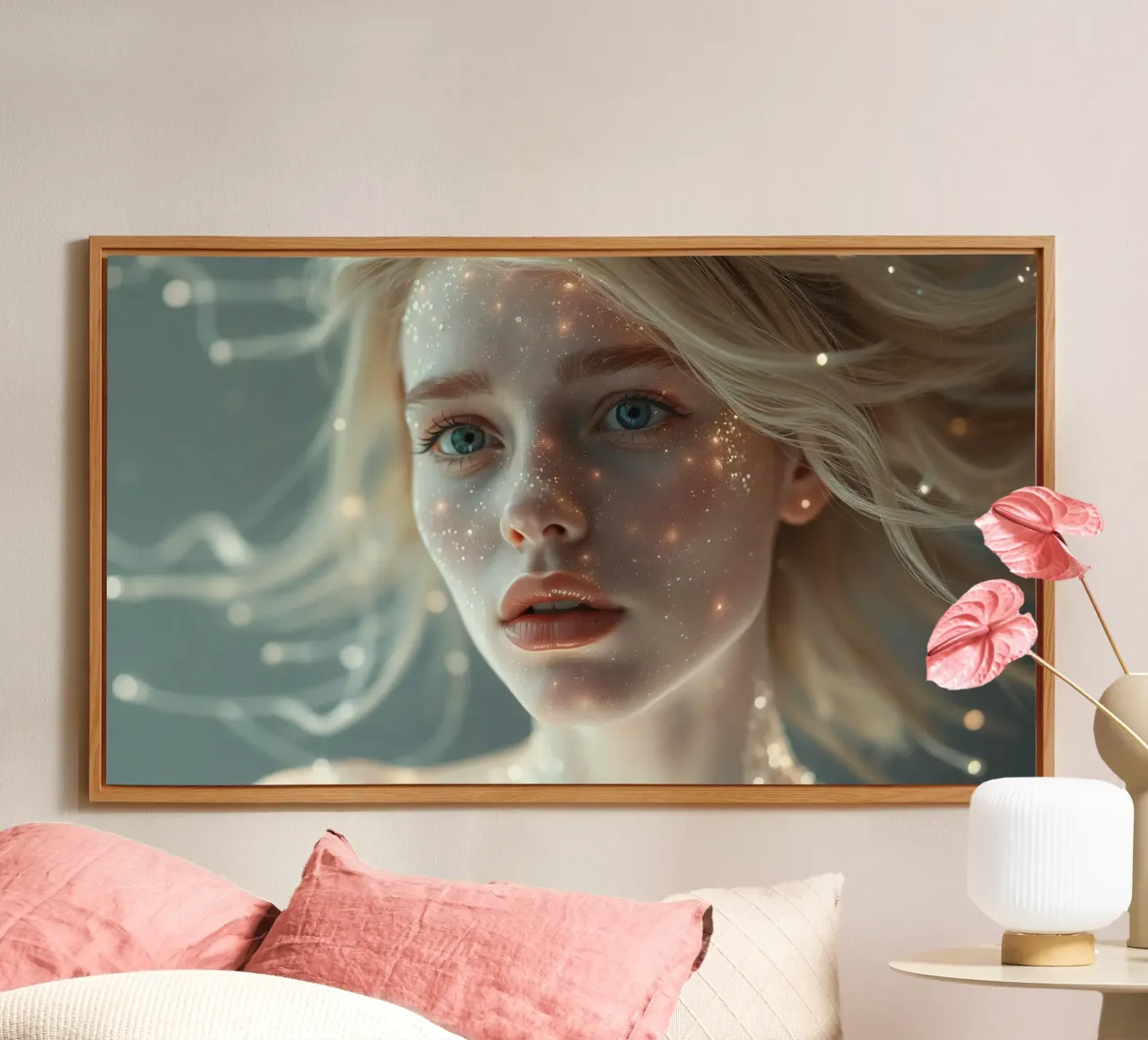 Ritratto di una giovane donna con particelle incandescenti alluminio dibond da DesignDoodle