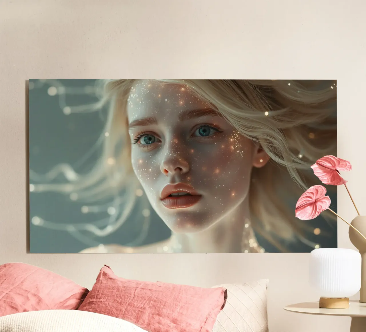 Ritratto di una giovane donna con particelle incandescenti alluminio dibond da DesignDoodle