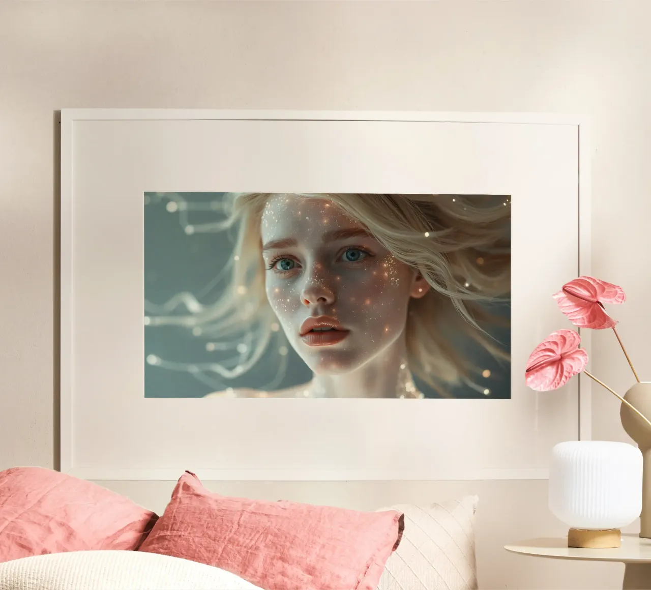 Das Porträt einer jungen Frau mit glühenden Partikeln Hahnemühle von DesignDoodle