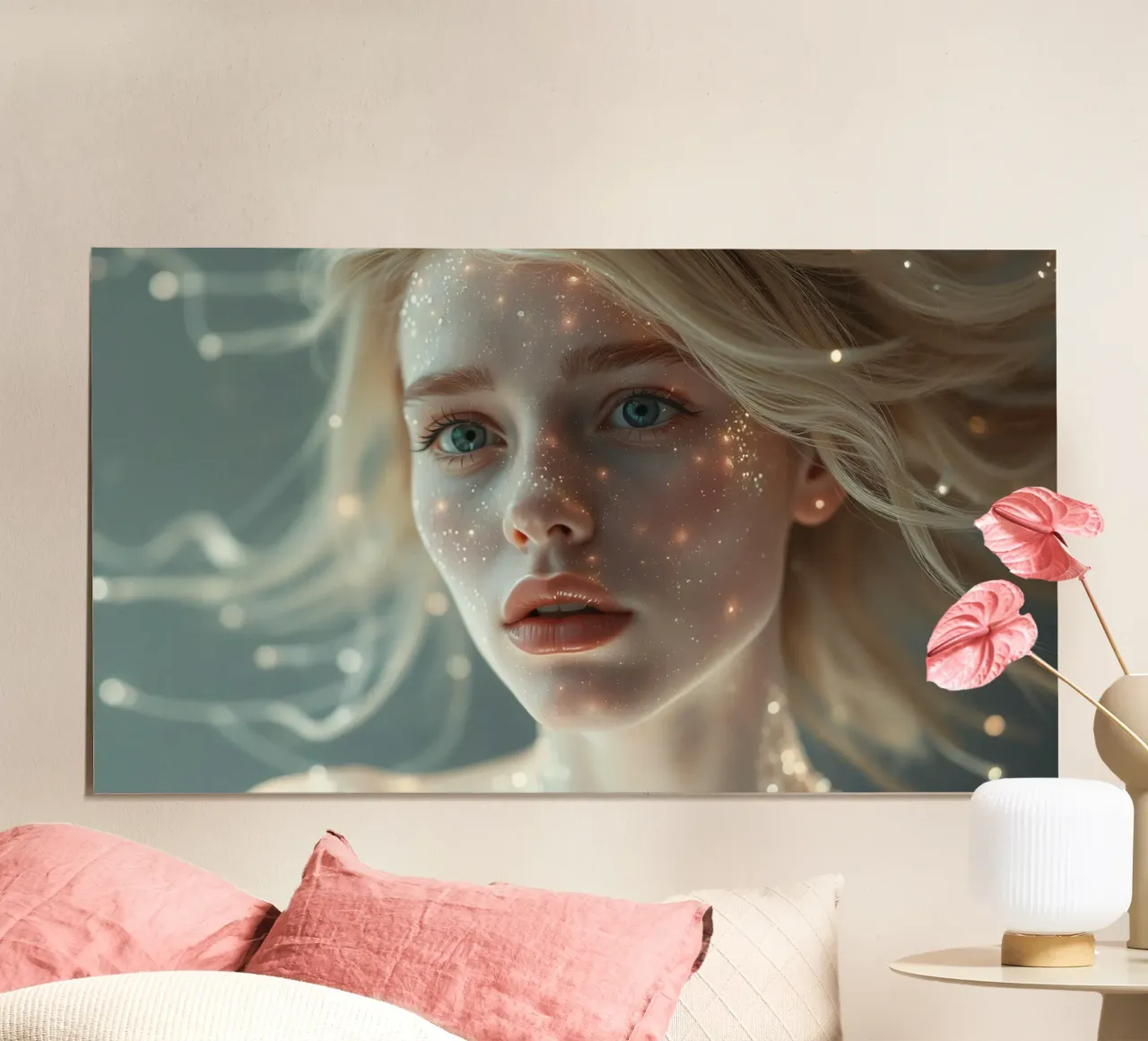 Das Porträt einer jungen Frau mit glühenden Partikeln Hahnemühle von DesignDoodle