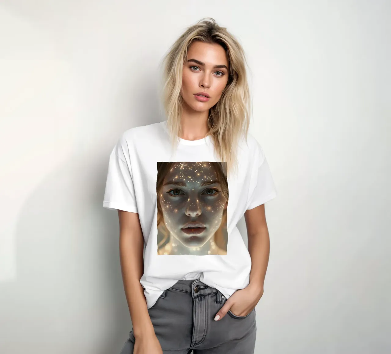 Porträt einer Frau mit einer sternförmigen Lichtprojektion auf ihr T-Shirt von DesignDoodle