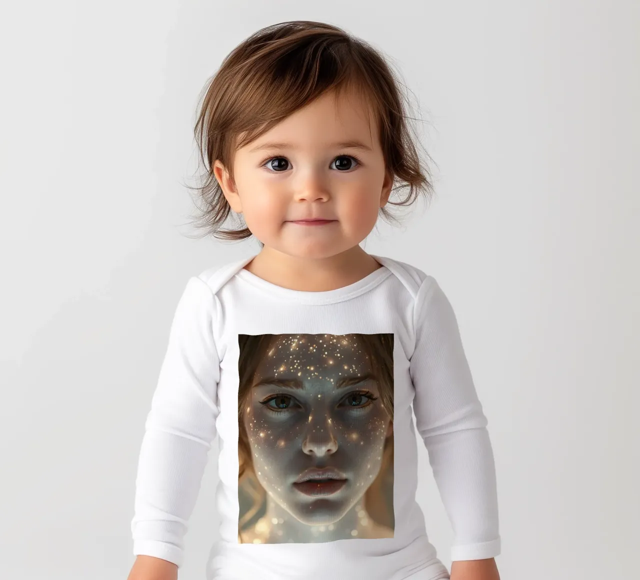 Porträt einer Frau mit einer sternförmigen Lichtprojektion auf ihr Langarm Babybody von DesignDoodle