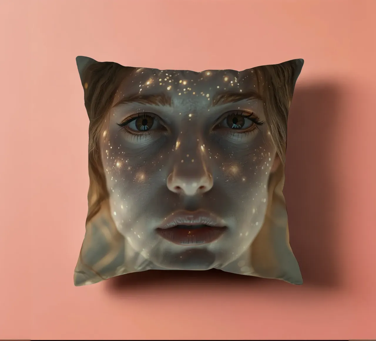 Un ritratto di donna con una proiezione di luce stellare su di lei cuscino da DesignDoodle