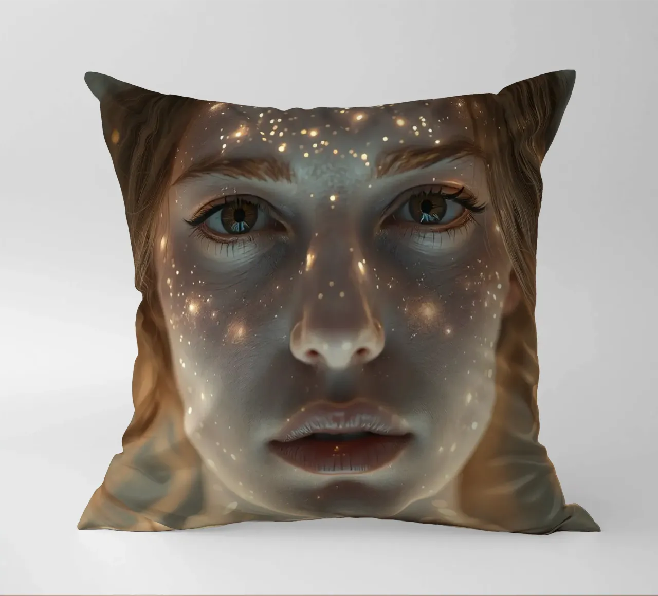 Un ritratto di donna con una proiezione di luce stellare su di lei cuscino da DesignDoodle