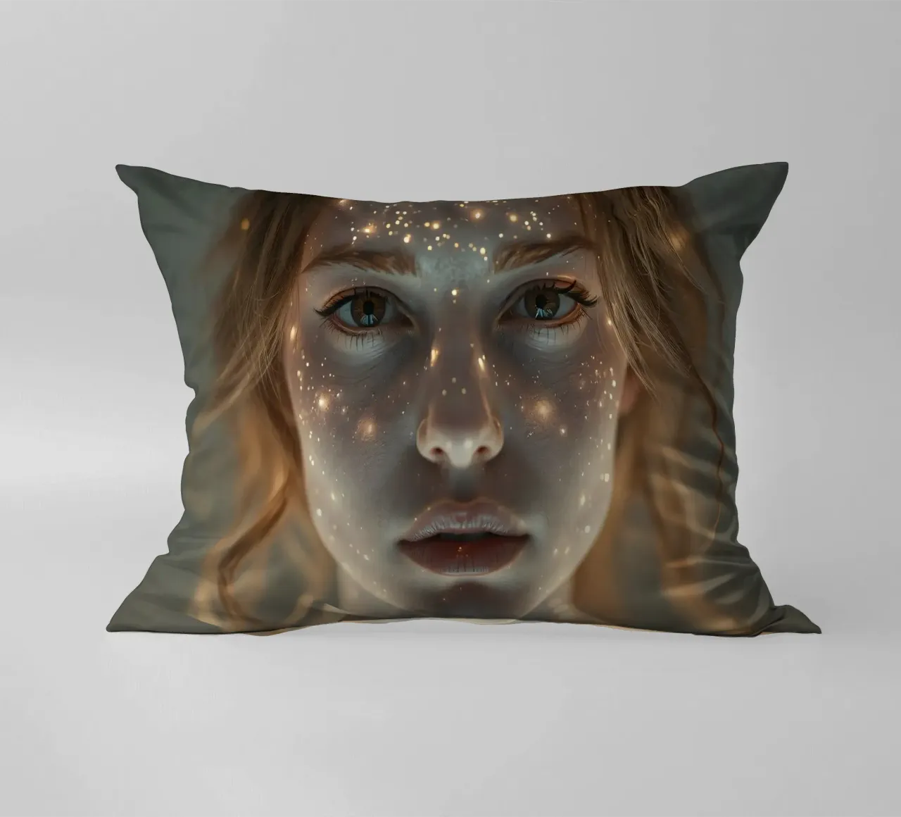 Un ritratto di donna con una proiezione di luce stellare su di lei cuscino da DesignDoodle