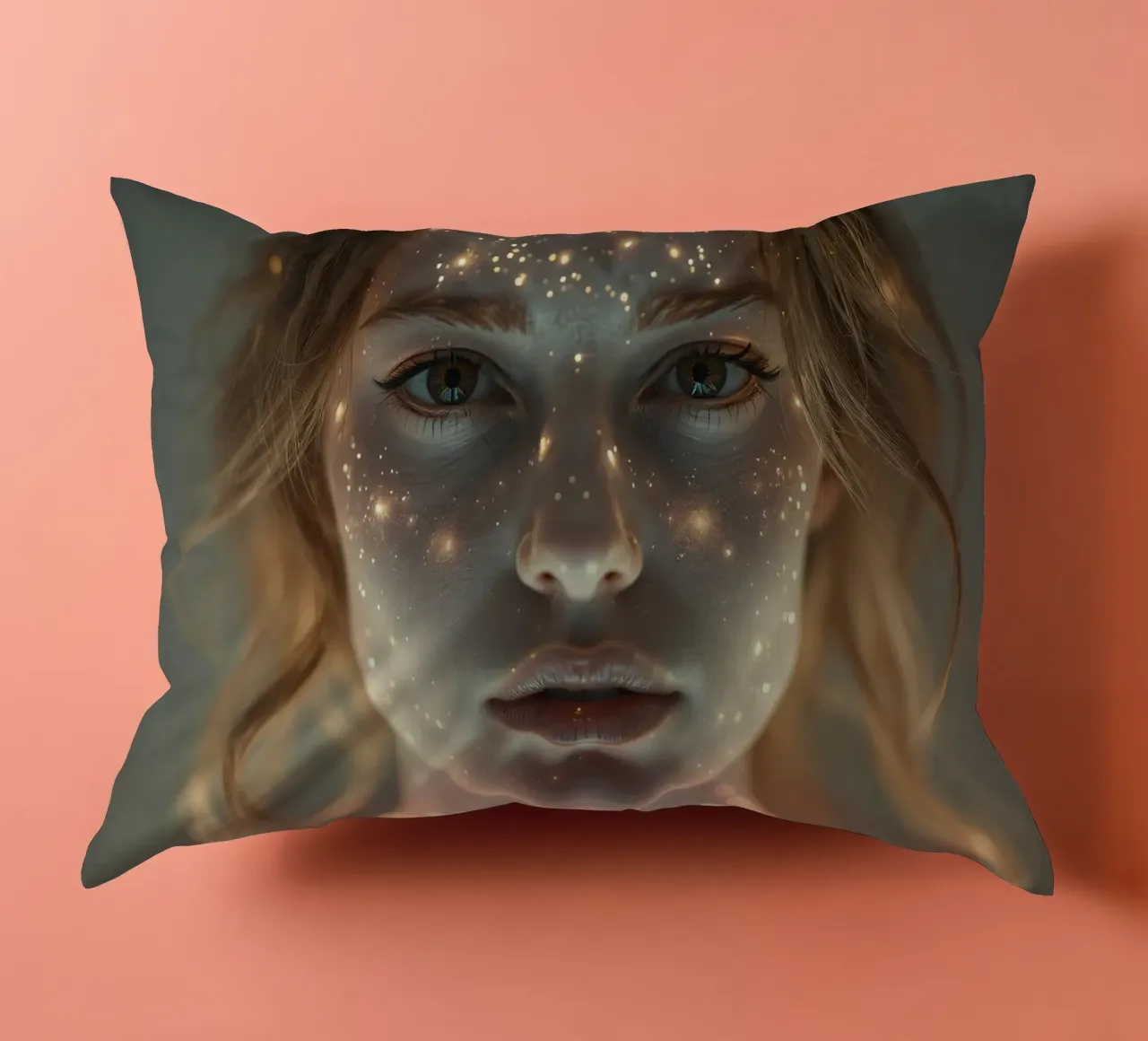Un ritratto di donna con una proiezione di luce stellare su di lei cuscino da DesignDoodle